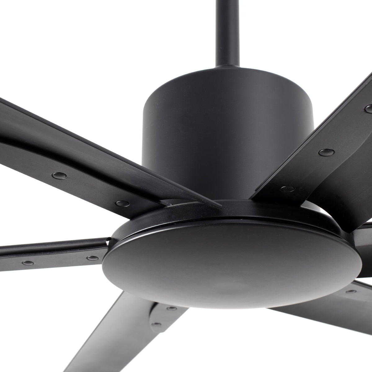 Black ceiling fan with light fixture on a white background