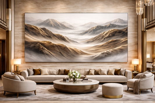 ART XXXL 120×160 cm large mountain wall art in slim grey aluminium frame – hotel interior close angle