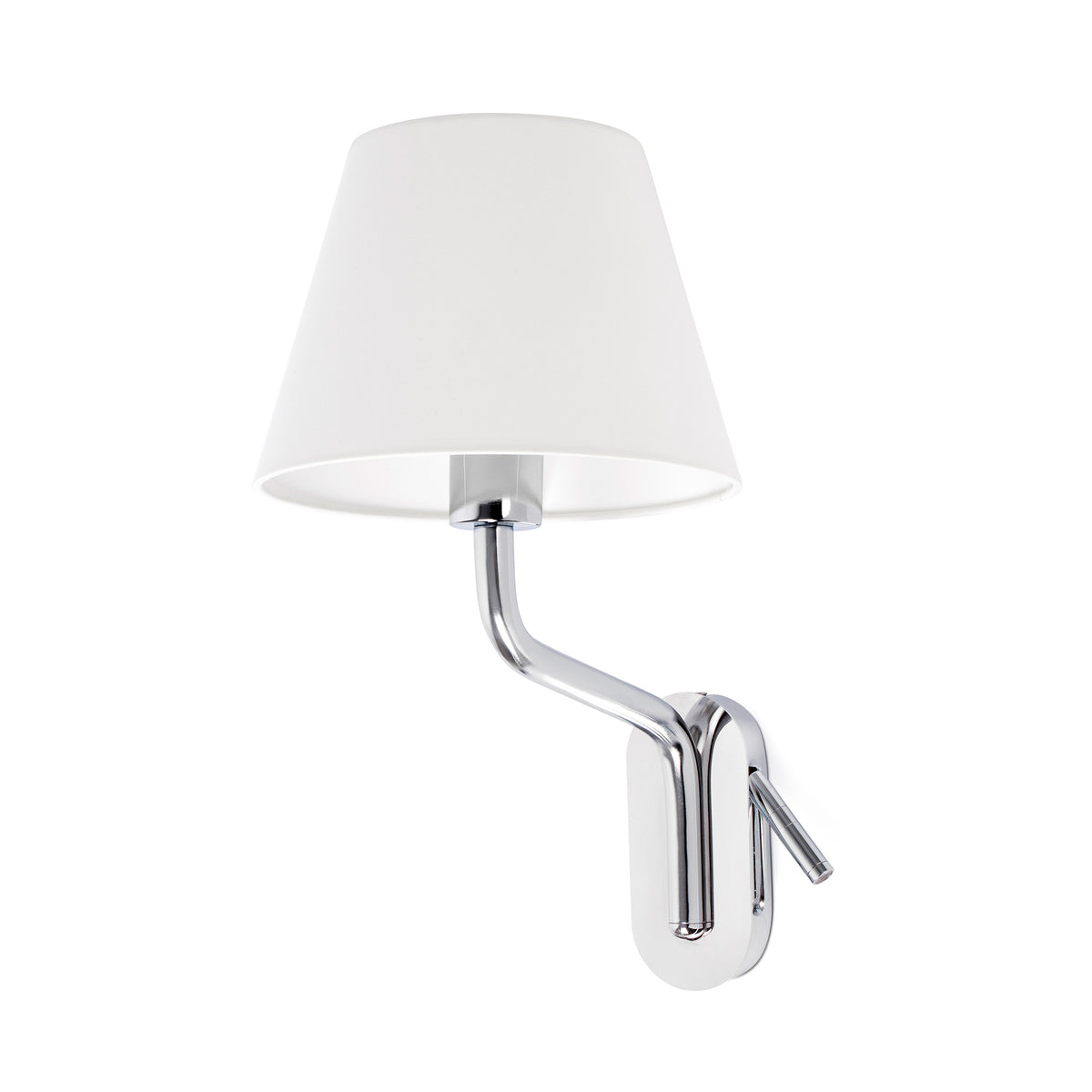 Wall-mounted lamp with white shade and chrome arm on a white background