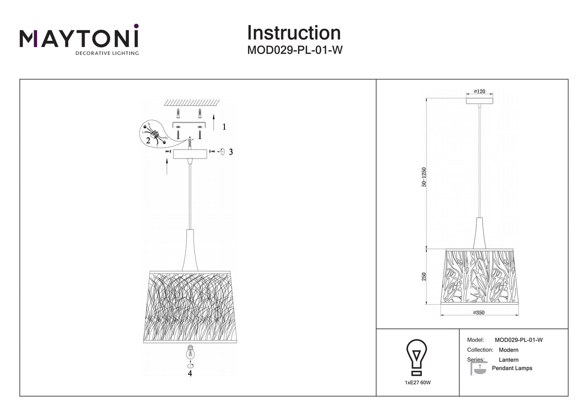 Technical drawing of a pendant lamp with Maytoni branding