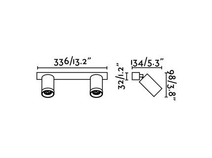 Technical drawing of a double light fixture with dimensions on a white background