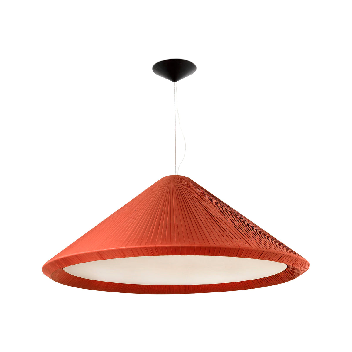 A studio view of the monumental Saigon-In 1300 architectural pendant light showcasing its earthy terracotta pleated shade against a neutral background, featured in the VXR Space collection.