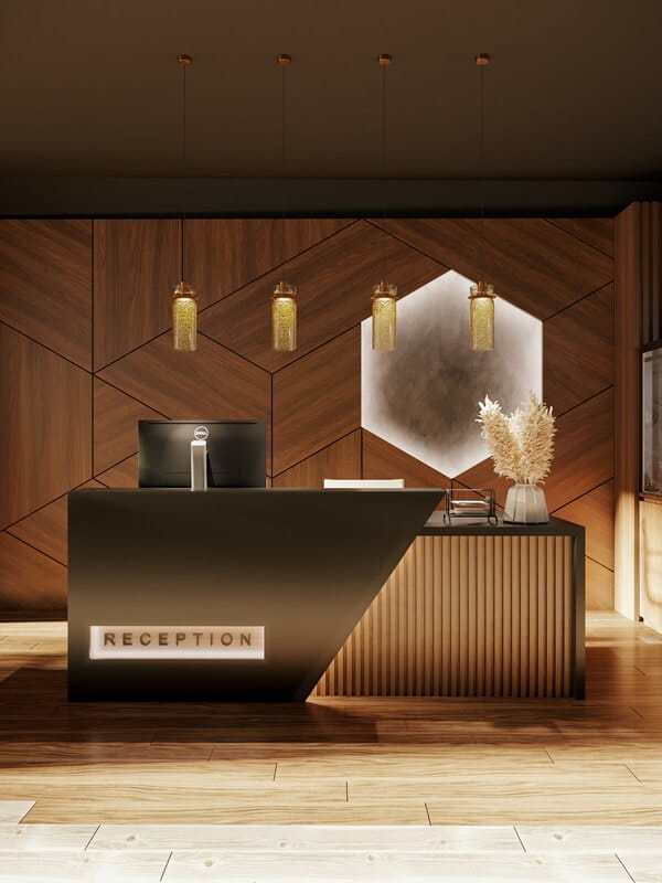 The Signature B modern pendant lights with textured amber glass installed above a sleek desk in a contemporary office interior. Available to buy at the VXR Space store.