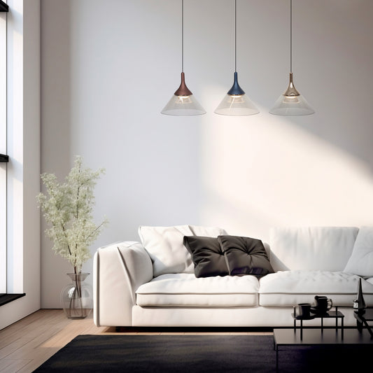 Cone glass pendant lights above sofa in modern minimalist living room interior