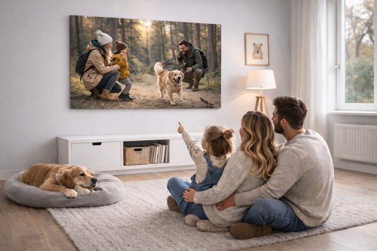 Family photo wall art 45x60 cm in aluminium frame displayed in a Scandinavian living room with parents, child and dog.