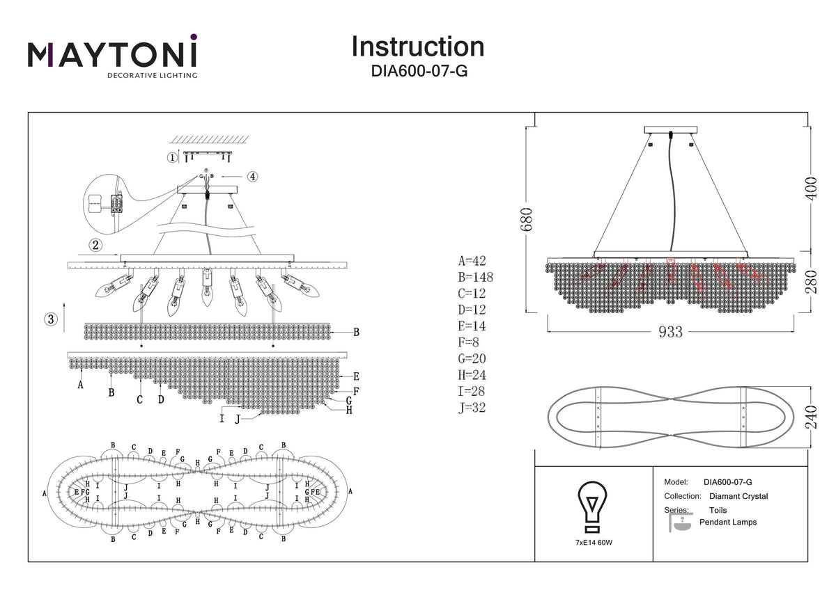 Technical drawing and dimensions of a pendant light fixture by Maytoni