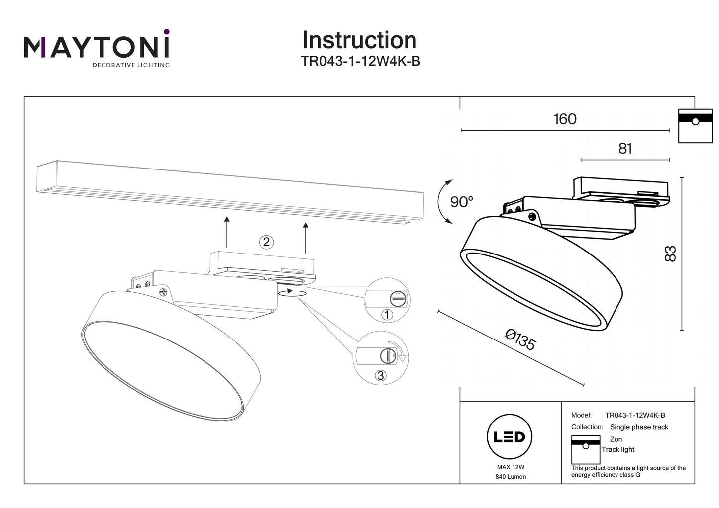 Track luminaire TR043-1-12W4K-B