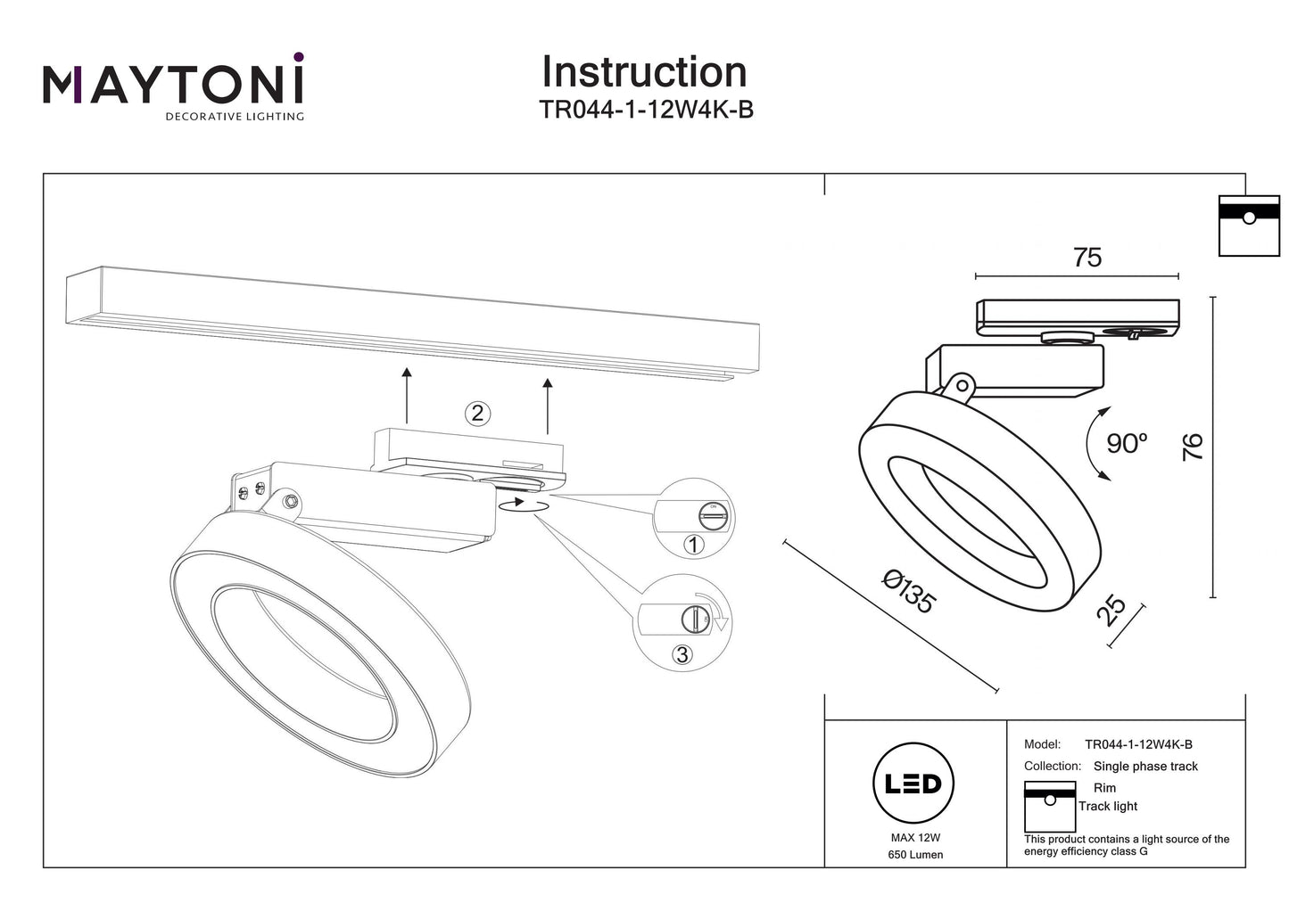 Track Luminaire TR044-1-12W4K-B