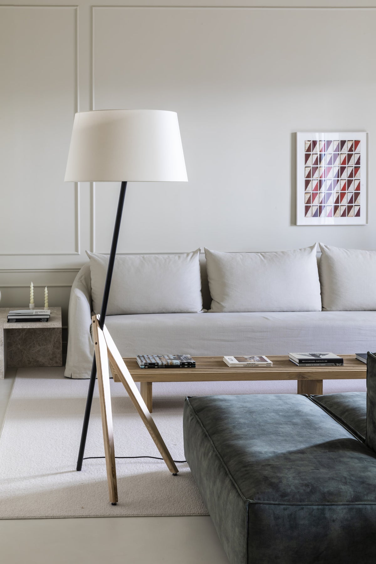 Modern living room with a gray sofa, wooden coffee table, and floor lamp.