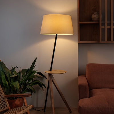 Floor lamp in a living room with a plant and sofa