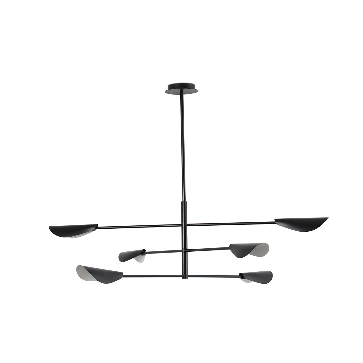 Modern black chandelier with multiple arms on a white background