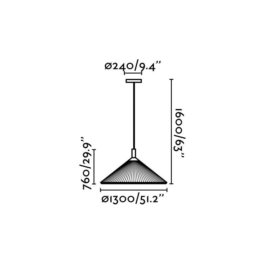 Measurement chart of a pendant light with dimensions in inches and millimeters.