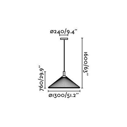 Measurement chart of a pendant light with dimensions in inches and millimeters.