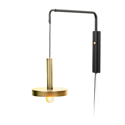 Modern wall-mounted lamp with black and gold design on a white background