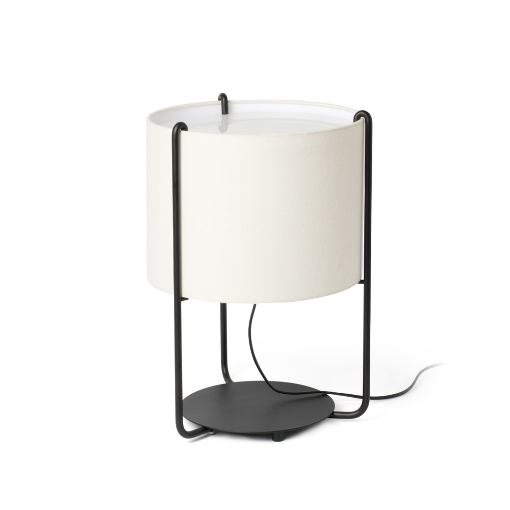 Drum Modern Matte Black Table Lamp with Beige Shade