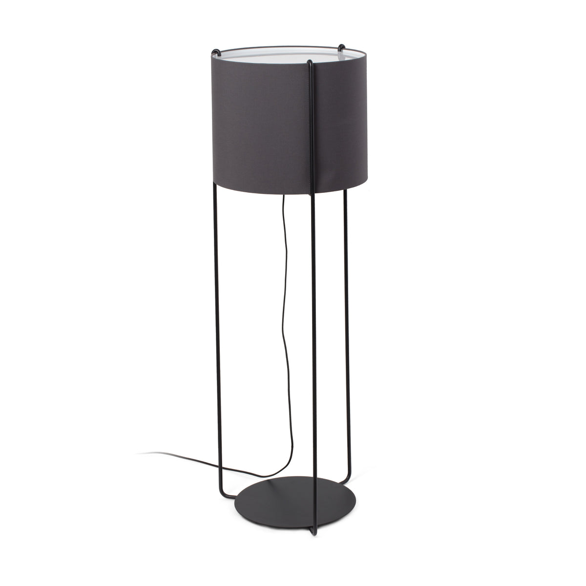 Black floor lamp with a cylindrical shade on a white background
