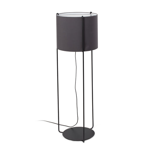 Black floor lamp with a cylindrical shade on a white background