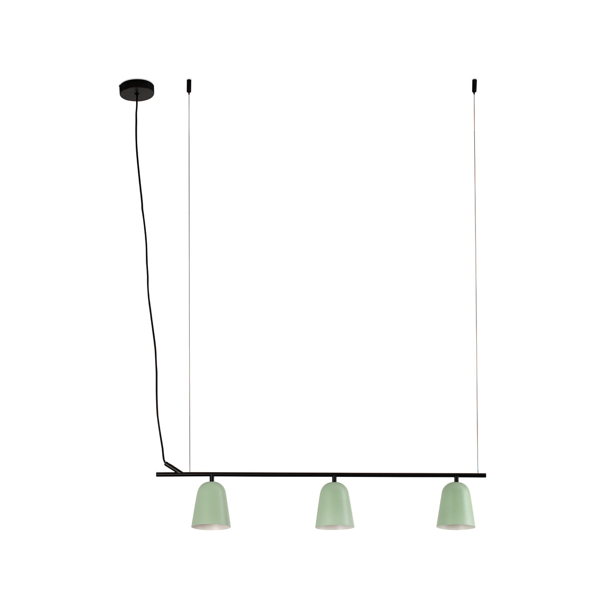 Modern pendant light with three green lampshades on a white background