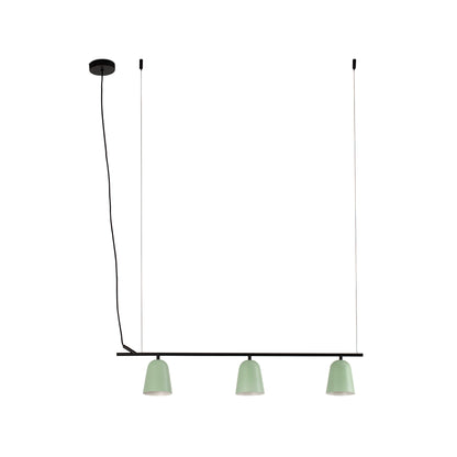 Modern pendant light with three green lampshades on a white background