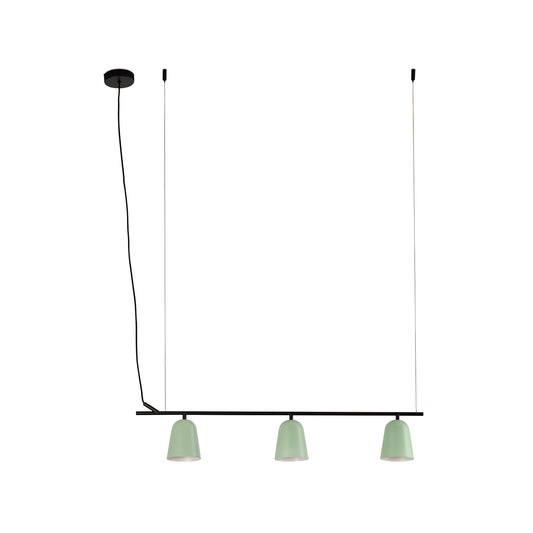 Modern pendant light with three green lampshades on a white background