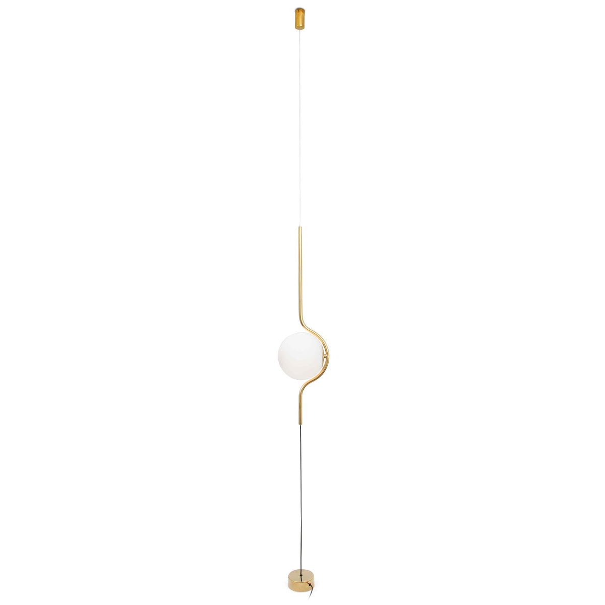 Modern pendant light with white shade and gold fixture on a white background