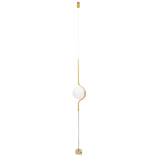 Modern pendant light with white shade and gold fixture on a white background