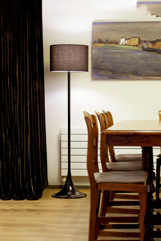 Dining room with wooden table, chairs, and a floor lamp.
