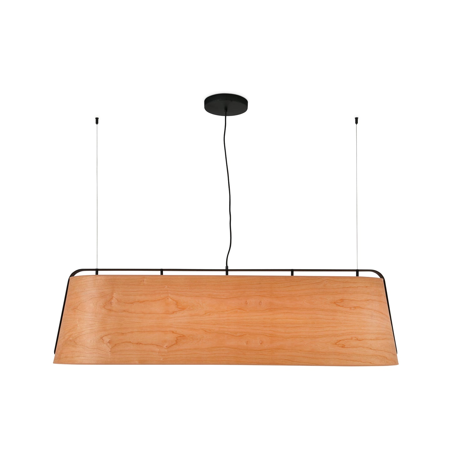 Wooden pendant light with black frame on a white background