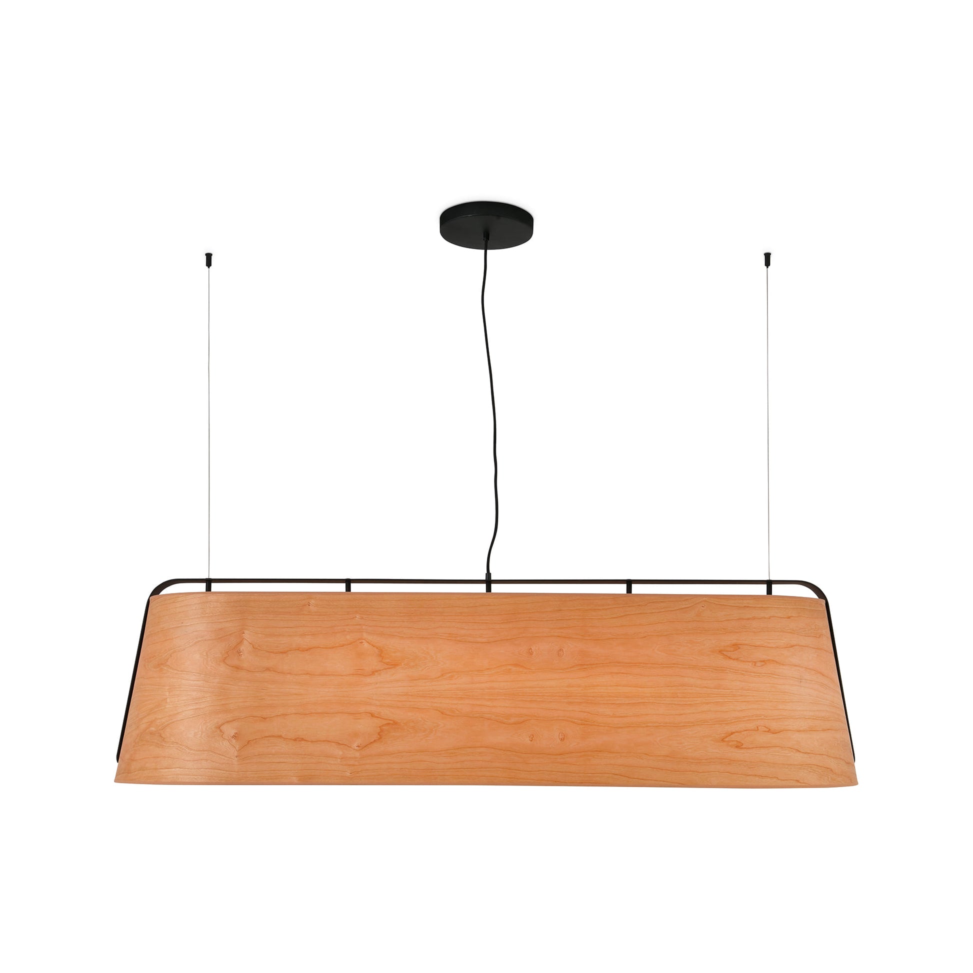 Wooden pendant light with black frame on a white background