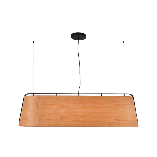 Wooden pendant light with black frame on a white background