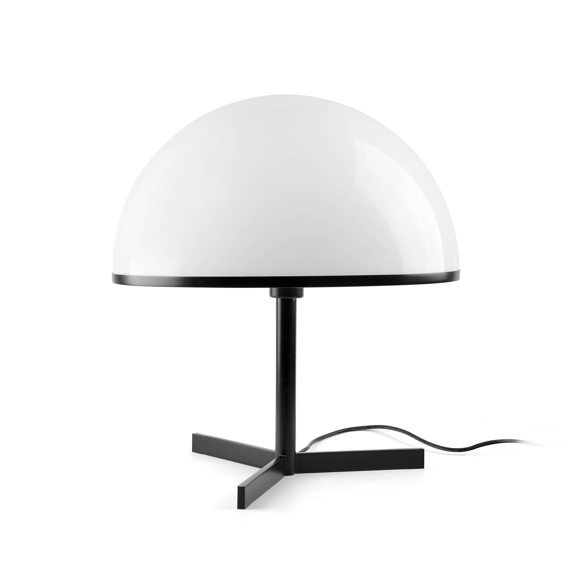 Table lamp with white dome shade and black base on a white background