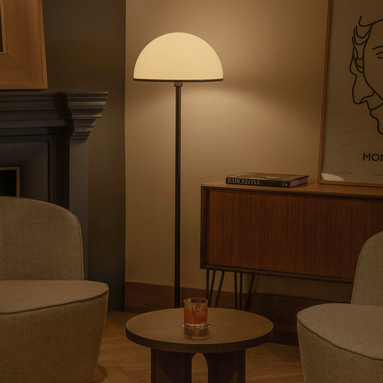 Floor lamp in a dimly lit room with a cozy ambiance