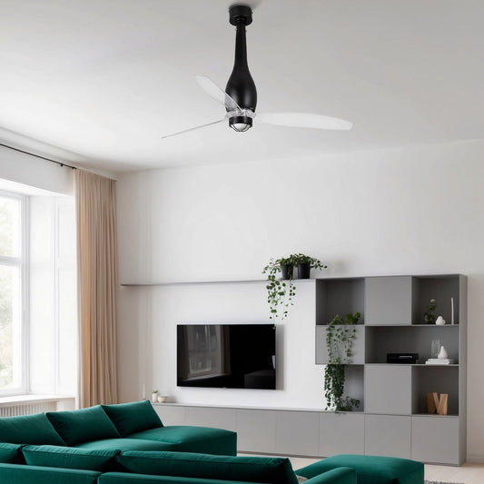 Modern living room with green sofa, TV, and ceiling fan