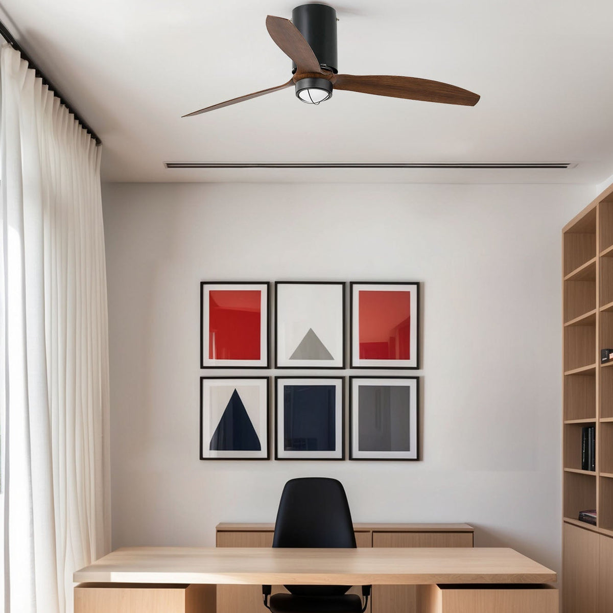Modern office space with a wooden desk, chair, and ceiling fan with light