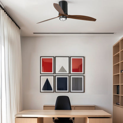 Modern office space with a wooden desk, chair, and ceiling fan with light