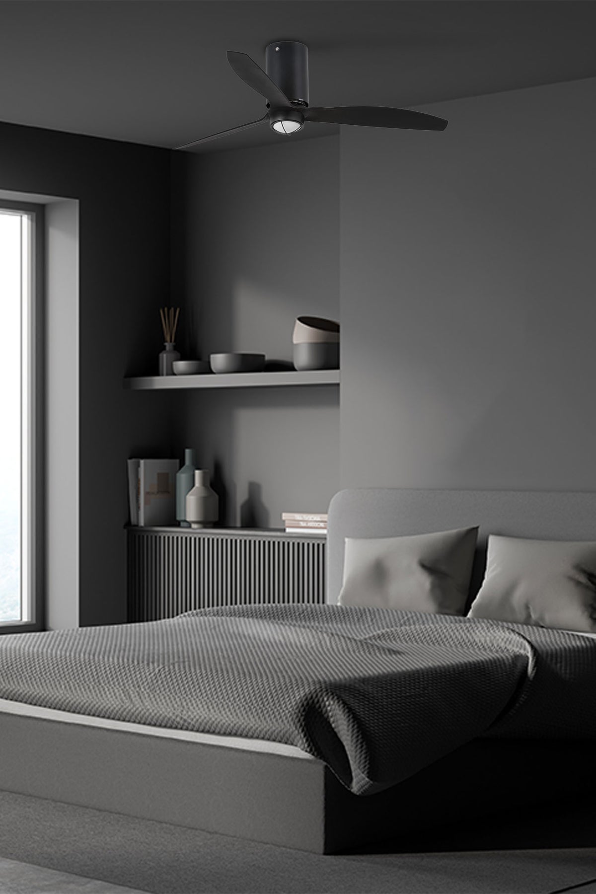 Modern bedroom with gray bedding and a ceiling fan.