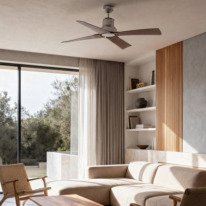 A modern ceiling fan with five matte dark brown blades and a brushed silver metal motor housing, installed on a textured off-white ceiling in a contemporary minimalist living room.