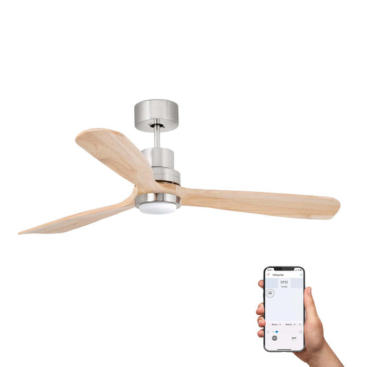 LANTAU L LED mattnikkel/männipuidust ventilaator TUYA