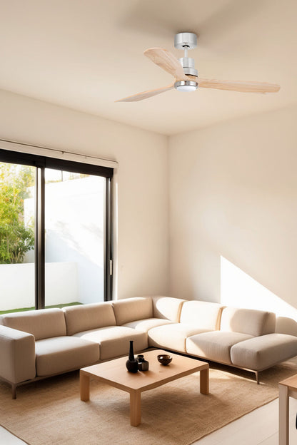 LANTAU L LED mattnikkel/männipuidust ventilaator TUYA