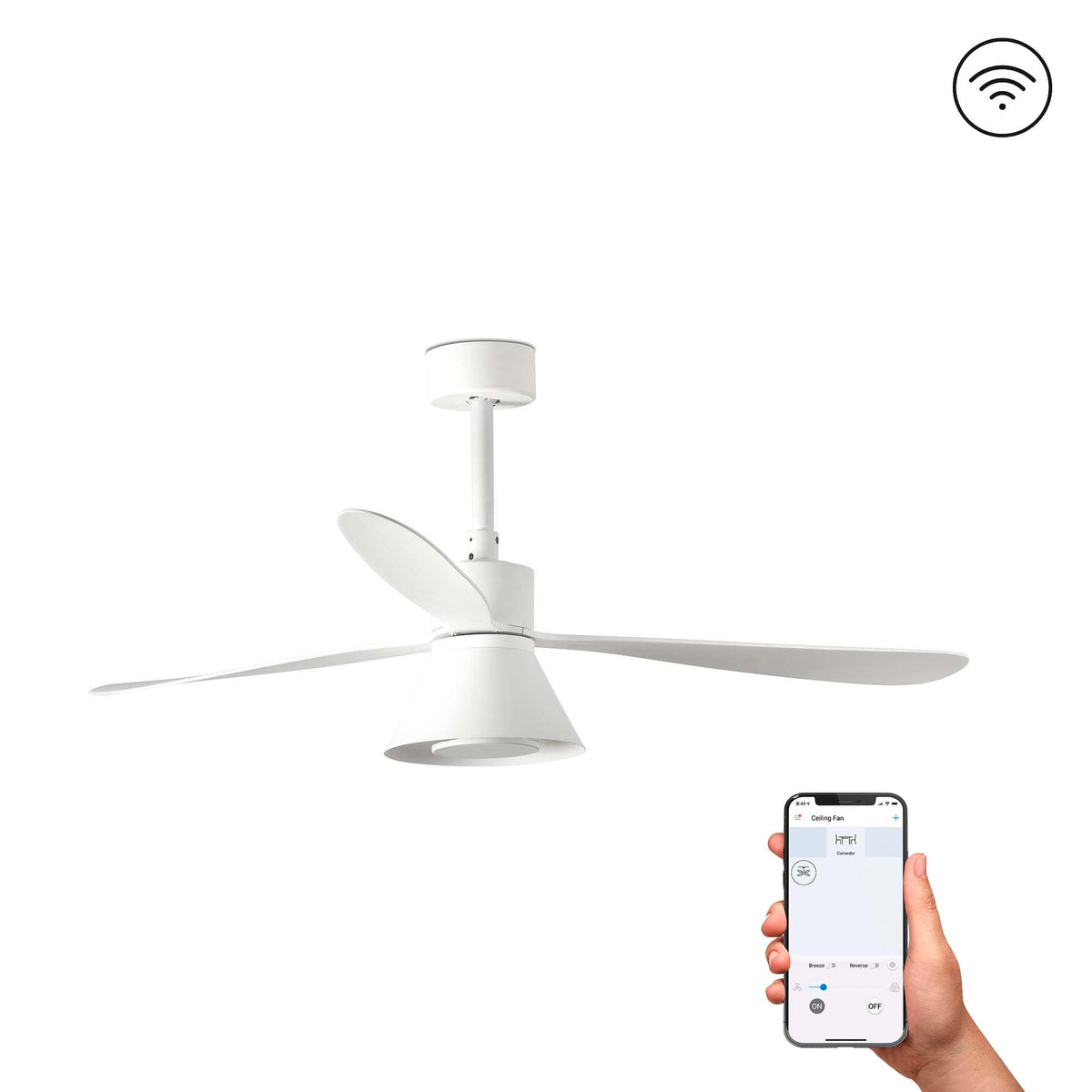 White ceiling fan with smartphone control on a white background