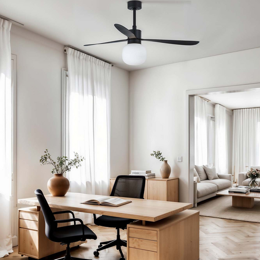 Modern office with wooden desk, chairs, and decor in a bright room.