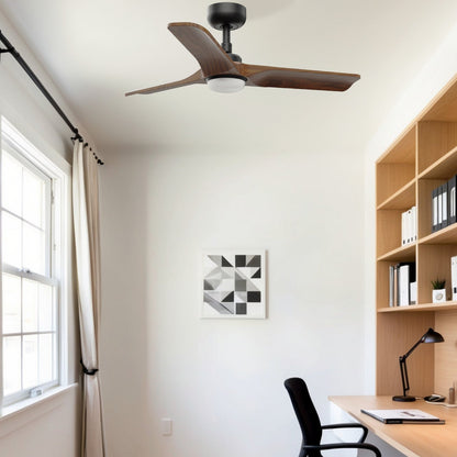 Modern home office with a desk, chair, and ceiling fan.