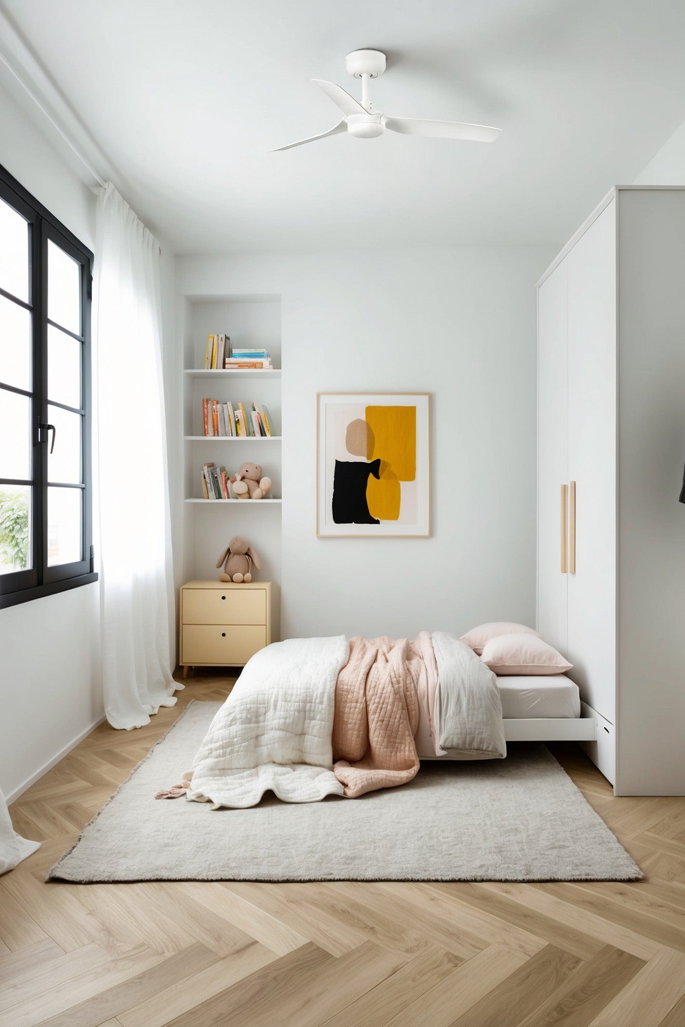 Modern bedroom with a bed, bookshelf, and abstract art on the wall.