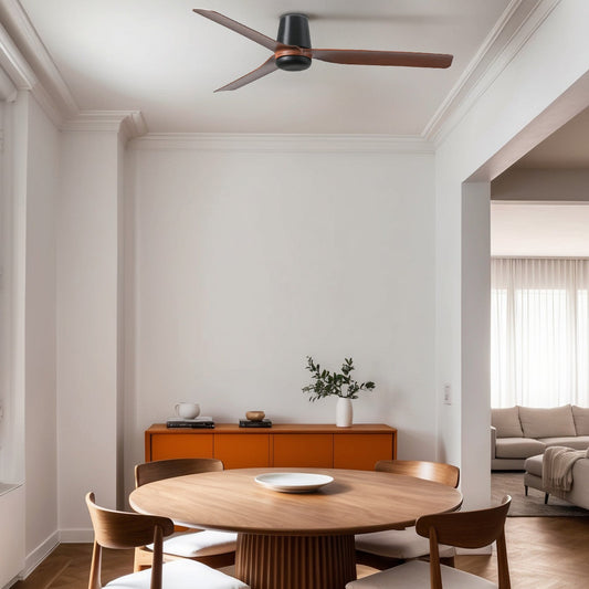 Dining area with wooden table and chairs in a modern living room.
