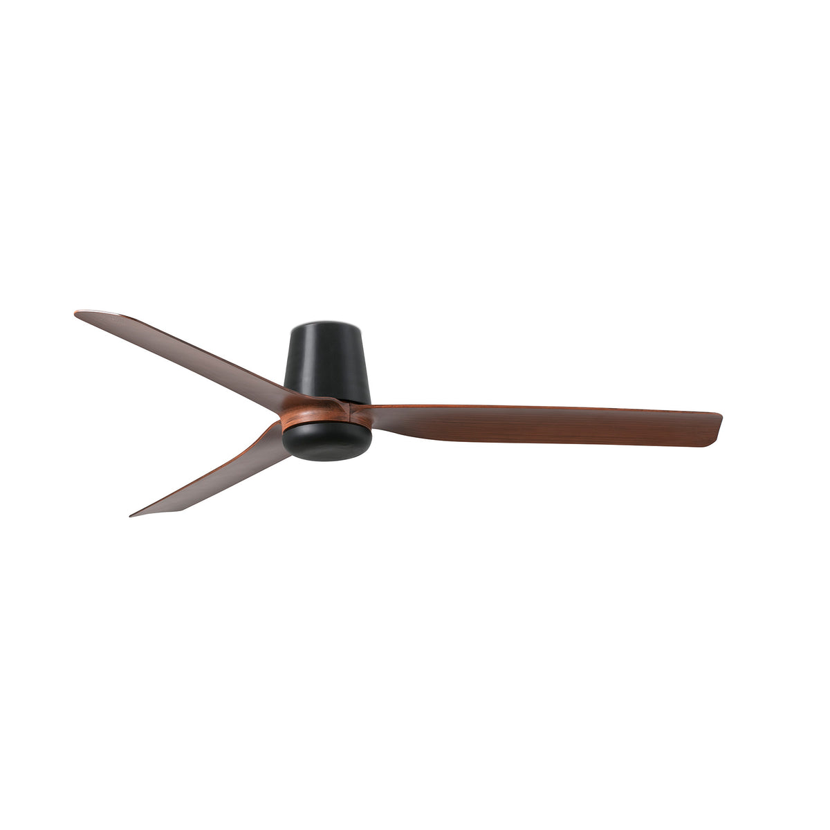 Ceiling fan with brown blades and black center on a white background