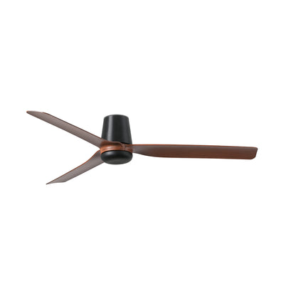 Ceiling fan with brown blades and black center on a white background
