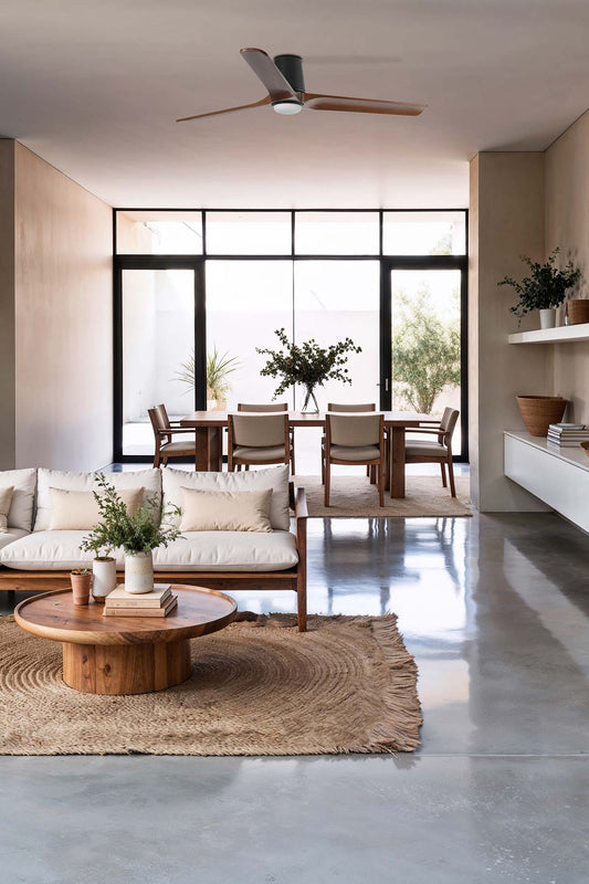 Modern living room with wooden coffee table, sofa, and chairs.