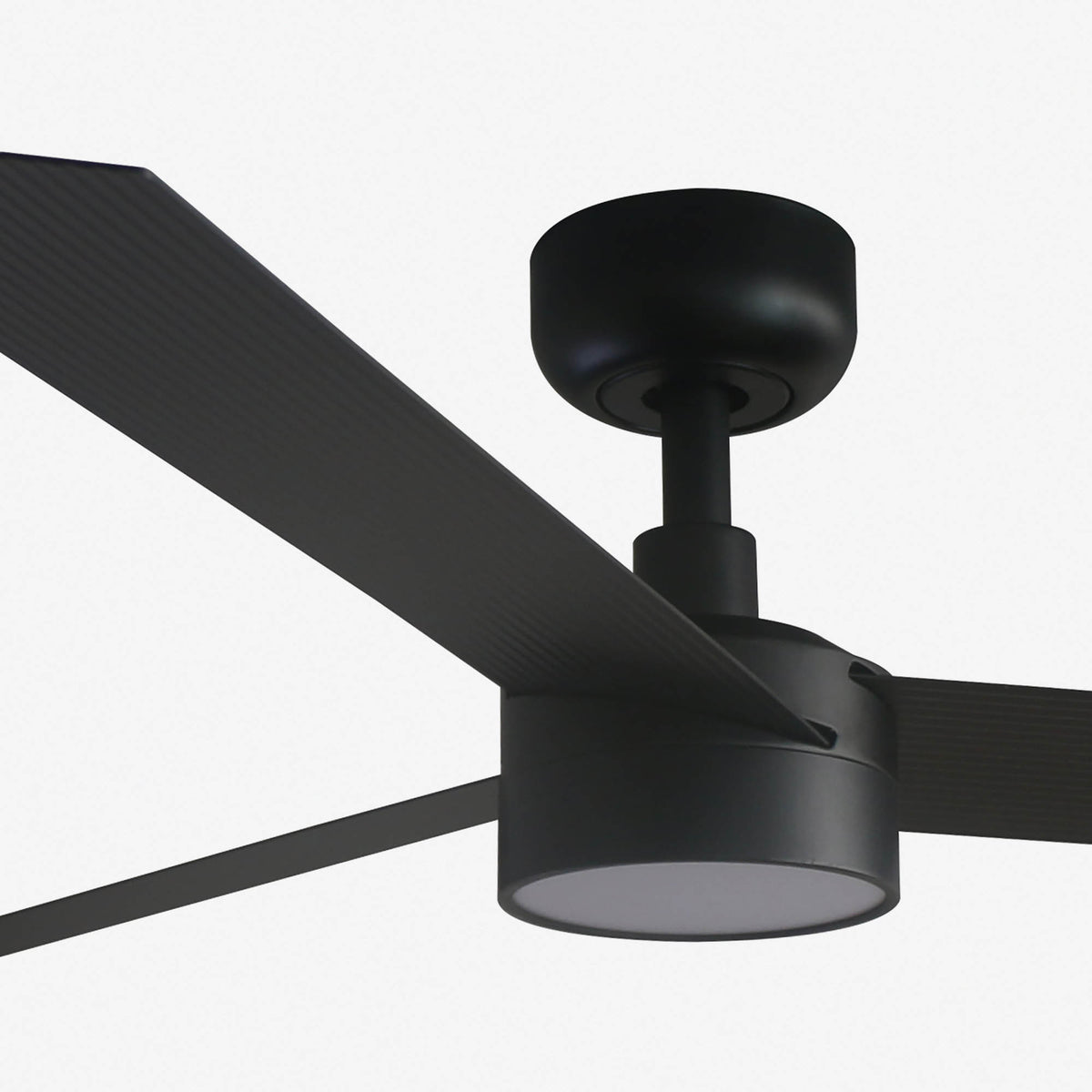 A matte black modern three-blade ceiling fan with an integrated light fixture, shown against a plain white background.