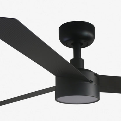 A matte black modern three-blade ceiling fan with an integrated light fixture, shown against a plain white background.