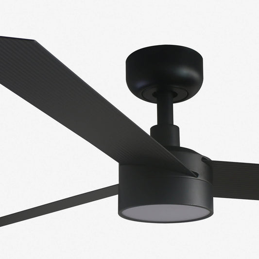A matte black modern three-blade ceiling fan with an integrated light fixture, shown against a plain white background.